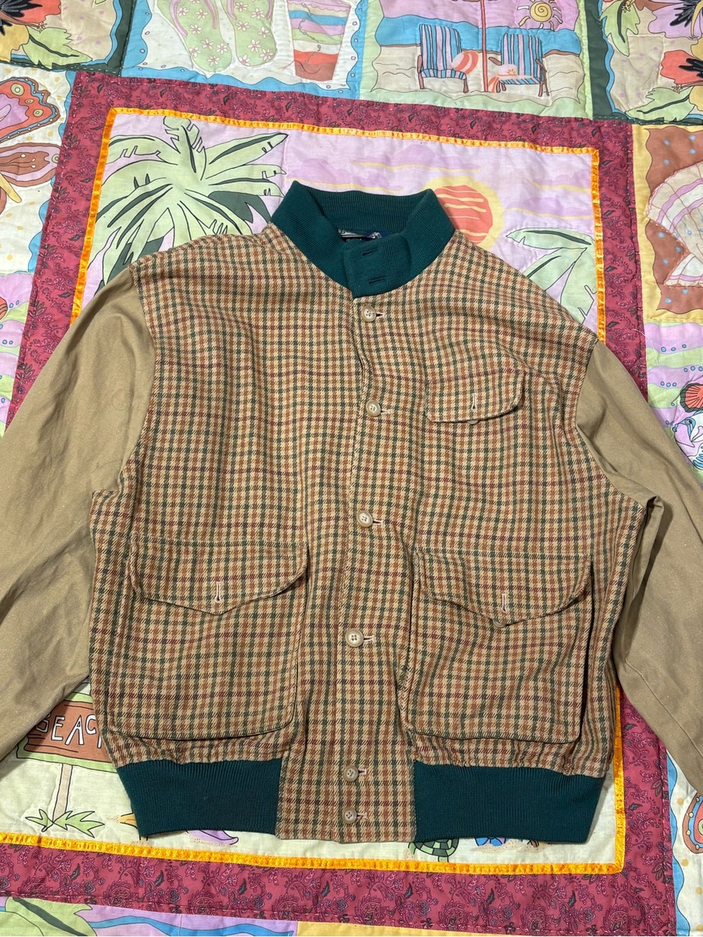 VINTAGE 80s 90s Polo Ralph Lauren Plaid Wool Bomber Jacket Beige Green